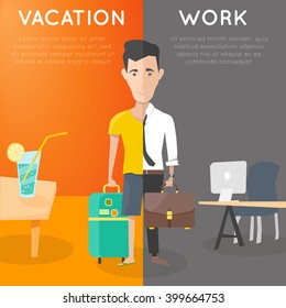 vacation vs work concept. business man in rest and job comparison. escape from routine work. vector illustration