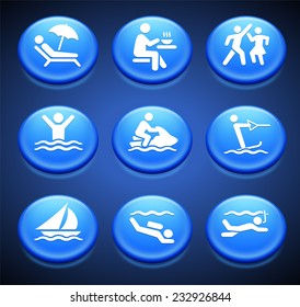Vacation and Water Sports on Blue Round Buttons