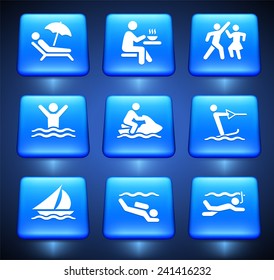 Vacation and Water Sports on Blue Square Buttons