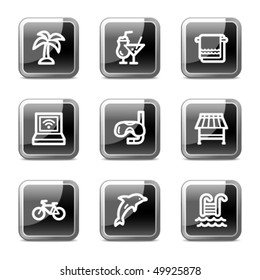 Iconos web de vacaciones, series de botones de brillo cuadrado negro
