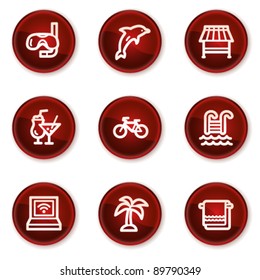 Iconos web de vacaciones, botones de círculo rojo oscuro
