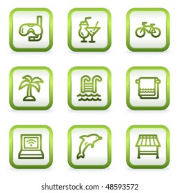 Vacation web icons, square buttons, green contour