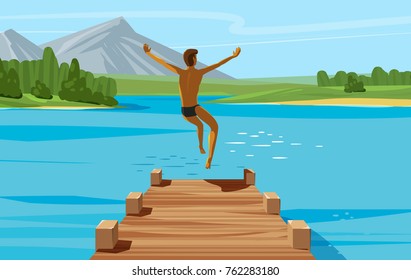 Vacation, weekend, relax concept. Young man jumping into lake or water. Vector illustration