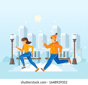 Urlaub Wintersport jung. Verpaare zusammen Mann und Frau, laufen miteinander auf dem Hintergrund von Stadtpark und Wolkenkratzern Gebäude. Glückliche Menschen führen eine aktive Lifestyle-Cartoon-Vektorillustration