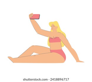 Vacation with Woman Character in Swimsuit Sit and Take Selfie Enjoying Seaside Rest Vector Illustration