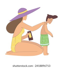 Vacation with Woman Mom and Son Apply Sunscreen on Body Enjoying Seaside Rest Vector Illustration