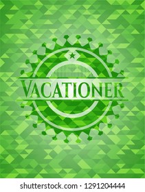 Vacationer green emblem with triangle mosaic background