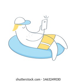 Vacationer, young man sunbath and floating on ring in the swimming pool with smartphone. Summer vacation, holiday, pool party concept. Outline isolated vector illustration.