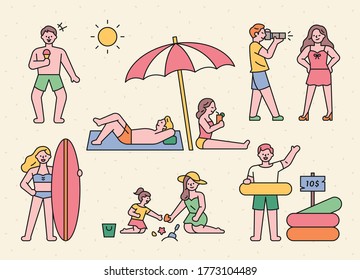 Vacationers are enjoying their vacation on the summer beach. flat design style minimal vector illustration.