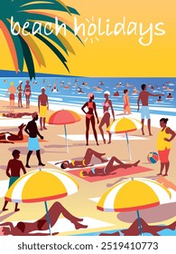 Vacacionistas y familias nadando y tomando el sol en una playa soleada bajo sombrillas en un resort. Verano playa vacaciones familiares y fin de semana. Cartel e ilustración de Vector dibujado a mano de cómic.