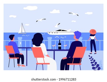 Vacationers sitting at restaurant tables, looking at sails. Men and woman drinking wine and champagne flat vector illustration. Vacation, summer trip, seaside resort concept