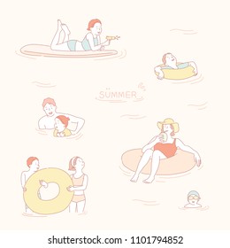 A vacationers are taking a tube in the sea and they are swimming. hand drawn style vector doodle design illustrations. A vacationers are taking a tube in the sea and they are swimming. hand drawn style vector doodle design illustrations.