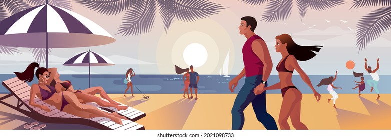 Vacationers and young couple on a summer beach. Vector illustration for landing page mockup or flat design advertising banner.