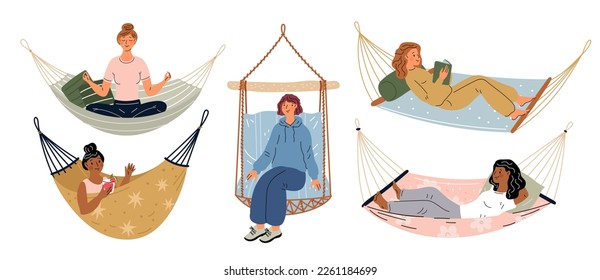 Vacationing people in hammocks. Relaxed women in suspended chairs or couches. Female lying on hanging sofa. Person meditates or reads books. Outdoor rest. Garish vector