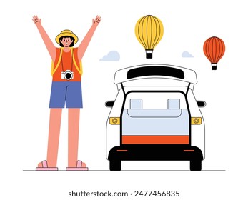 Vacaciones para ver el festival de globos aerostáticos en medio de un viaje por carretera, Ilustración vectorial.