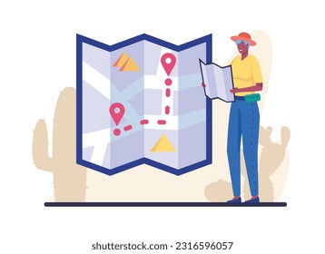 Vacationist using travel planning application. Pleased traveler looking at highlighted route between two specific points on virtual map. Flat vector illustration