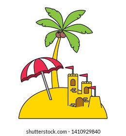 vacations beach umbrella castle and palm vector illustration