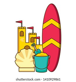 vacations castle surfboard bucket shell vector illustration