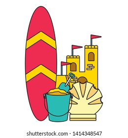 vacations castle surfboard bucket shell vector illustration