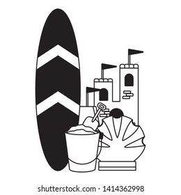 vacations castle surfboard bucket shell vector illustration
