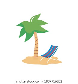 Urlaubskonzept, tropischer Palm und Strandstuhl auf weißem Hintergrund, Flachstil, Vektorgrafik