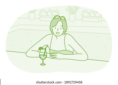 Vacations, holidays, traveling concept. Young smiling woman cartoon character relaxing in swimming pool with cocktail during vacations in summer in hotel vector illustration 