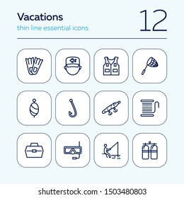 Vacations line icon set. Set of line icons on white background. Fishing, flippers, aqualung. Holiday concept. Vector illustration can be used for topics like travel, trip, tourism