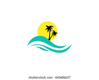 Vacations logo with water waves palm trees and sun 