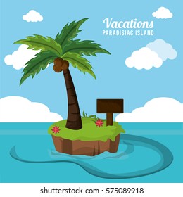 vacations paradisiac island palm coconut flower and wooden board