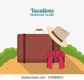 vacations paradisiac island with suitcase hat flip flop sand