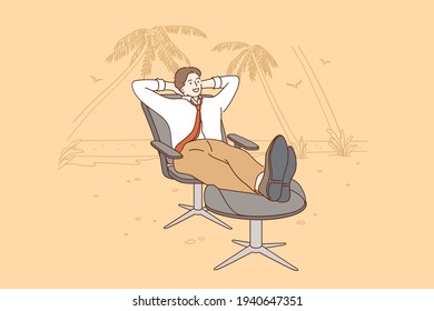 Vacaciones, descanso del concepto de trabajo y negocios. Joven sonriente Empresario personaje de dibujos animados Relaxon on Office Chair at Beach durante el fin de semana de vacaciones o soñando con la relajación ilustración vectorial 