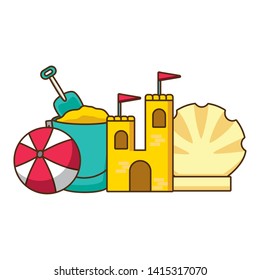 vacations sand castle bucket ball and shell vector illustration