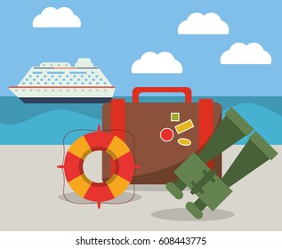 vacations ship suitcase binoculars and lifebuoy