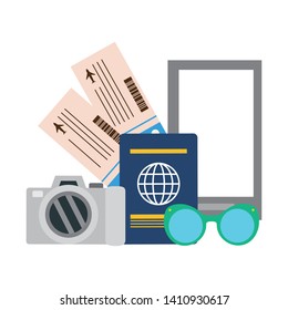 vacations smartphone camera passport tickets sunglasses vector illustration