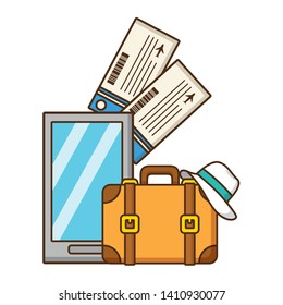 vacations smartphone suitcase tickets hat vector illustration