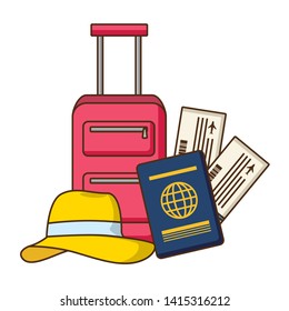 vacations suitcase passport tickets hat vector illustration