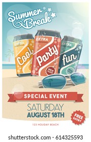 Vacations and summer party poster with fresh drinks, sunglasses and tropical beach on the background, entertainment and advertisement concept