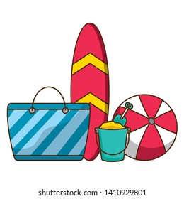 vacations surfboard bag ball bucket vector illustration