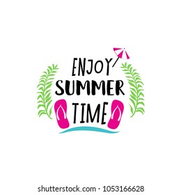 Vacay badge. Enjoy summer time, vacation beach holiday design with colorful lettering, rest, recreation or travel poster elements. Vector flat style cartoon illustration