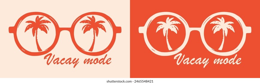 Vacay mode on summer break vacation retro vintage boho red tropical aesthetic palm trees landscape inside sunglasses illustration for girls holiday trip clothing shirt design print vector cut file.