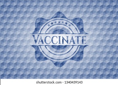 Vaccinate blue emblem with geometric pattern background.