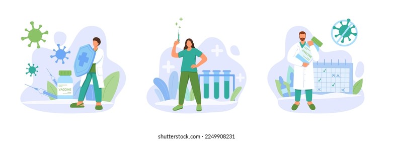 Vaccinate concept. Doctor with shield protect from viruses. Nurse in hospital hold syringe with vaccine. Doctor with vaccine with vaccination schedule on background. Cartoon flat vector illustration