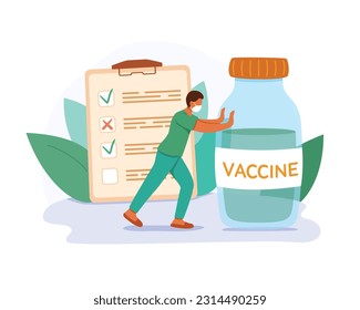 Vaccinate concept. Nurse in uniform standing in hospital and pushing vaccine bottle. Clipboard with vaccination schedule on background. Cartoon flat vector illustration in blue and green colors