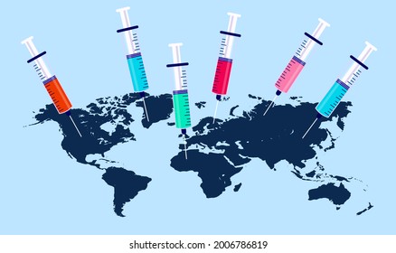 Vaccinate the world - Map with different syringes. Covid 19 and pandemic vaccination concept. Vector illustration.