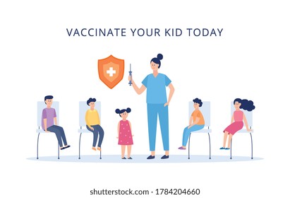 Vaccinate your kid - health poster with female doctor showing injection syringe to group of cartoon children sitting in queue for vaccination. Isolated vector illustration.
