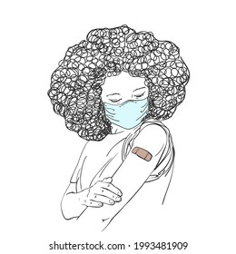 Vaccinated black people illustration, Young black woman in medical mask looking her arm after vaccination, Vector sketch, Afro female with bandage on her arm, Hand drawn graphics