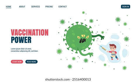 Vaccinated boy fighting Virus monster. Vaccination power concept Website, web page design. Children vaccination. Vector