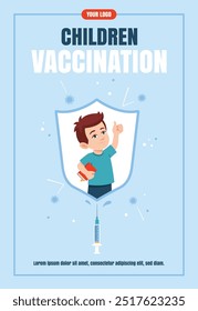 Vaccinated boy is protected from infection by an immunity shield. Children vaccination concept Flyer design.