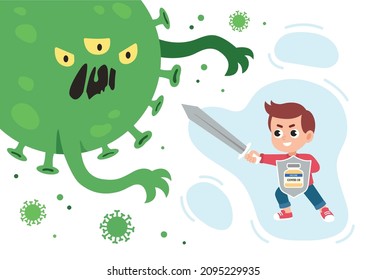 Vaccinated boy with sword and shield fighting the coronavirus monster.