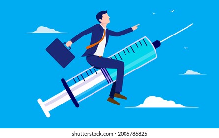 Vaccinated businessman - Corporate man riding syringe to the sky, ready to move forward and do business as normal. Vaccine and work concept. Vector illustration.